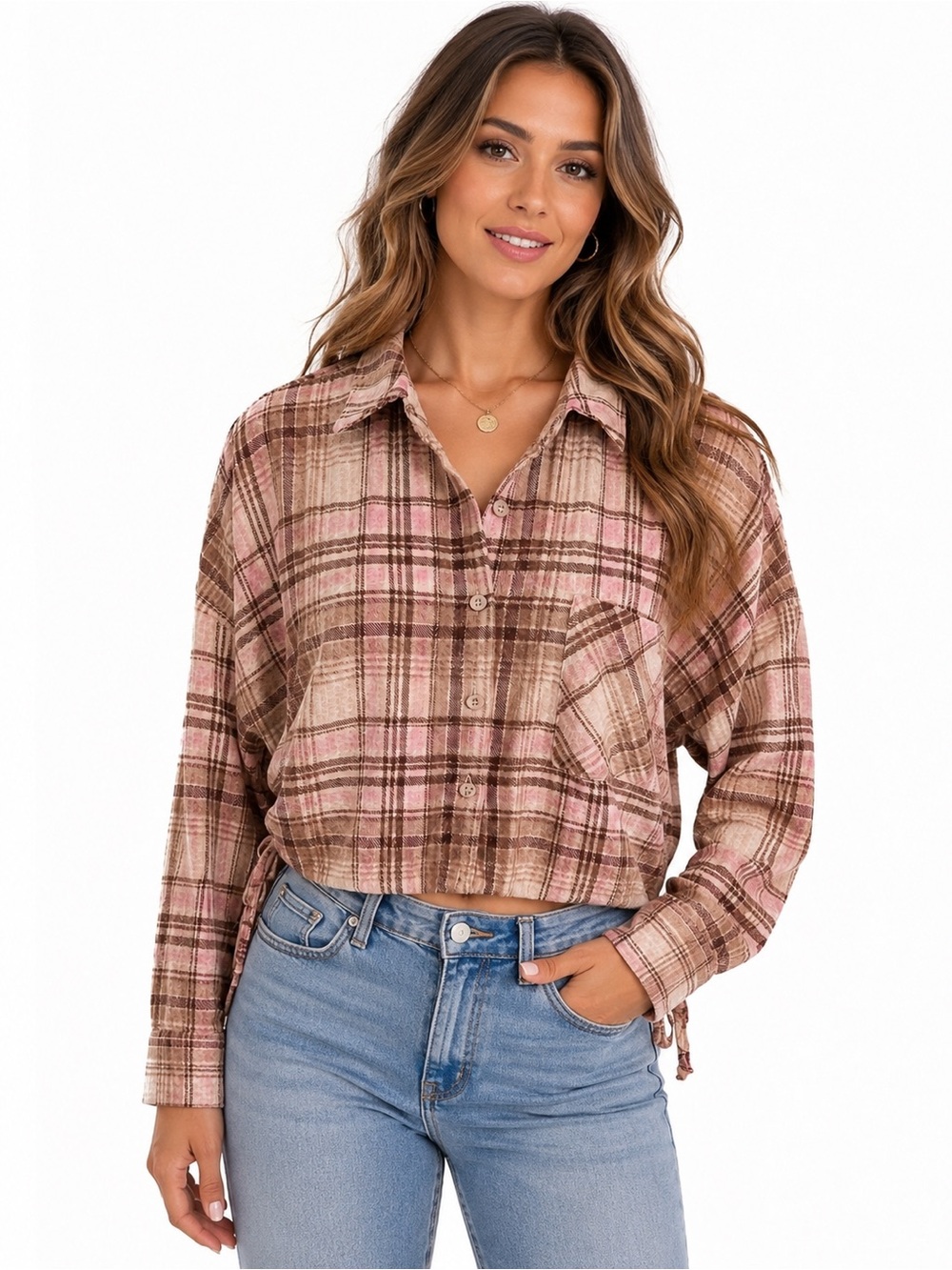 Passport Woven Plaid Button-Front Crop Shirt - Pink Brown